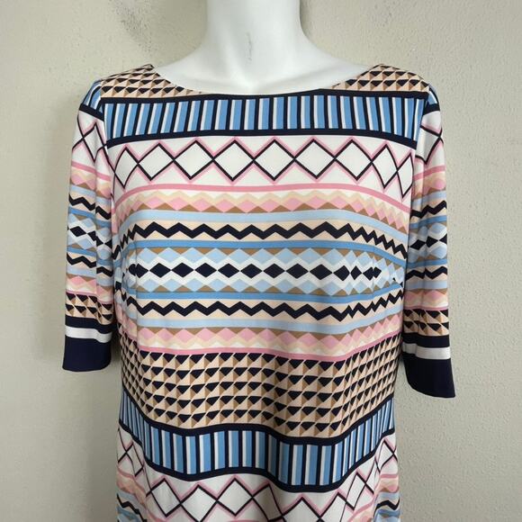 Eliza J Geometric Print Dress Multi Color Short Sleeve Size 6 Career Mod Retro - Picture 2 of 5